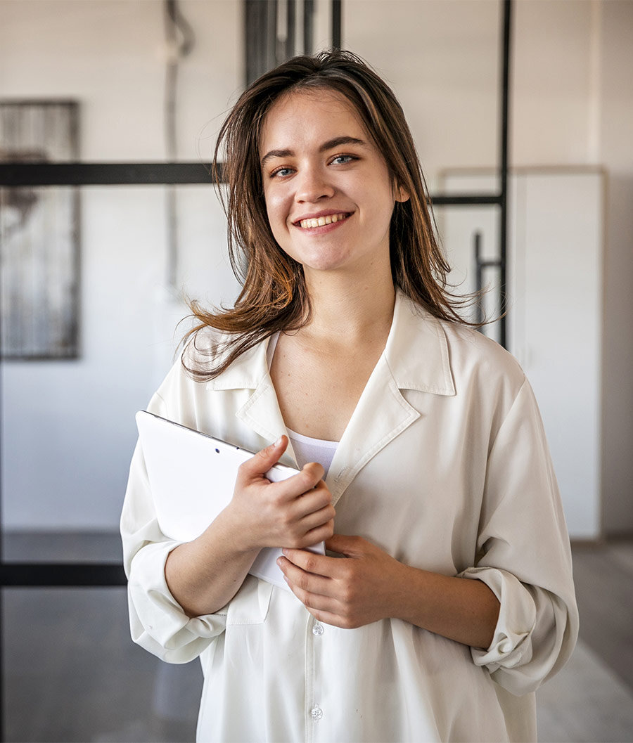 smiley-female-office-working-tablet